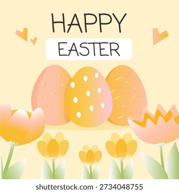 Happy Easter greeting card with three gradient easter eggs and flowers Vector design