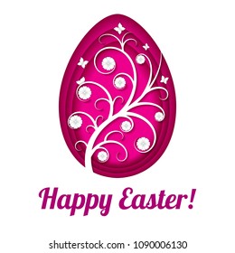 Happy Easter greeting card. Traditional Easter egg with beautiful ornament in the style of paper art. Vector illustration isolated on white background.
