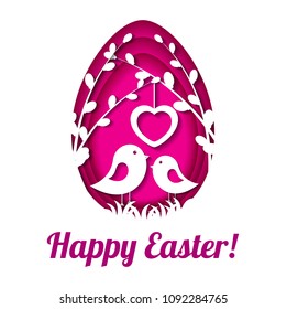 Happy Easter greeting card. Traditional Easter egg with beautiful ornament in the style of paper art. Vector illustration isolated on white background.