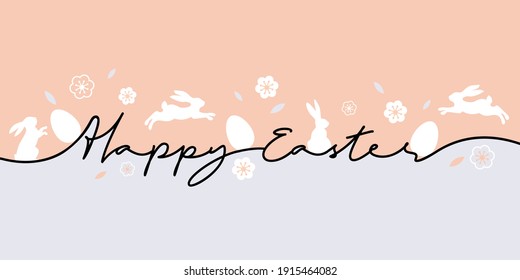 Happy Easter greeting card. Trendy Easter design with typography, eggs and bunnys in pastel colors. Modern minimal style. Horizontal poster for cover, social media, fashion ads, banner, website header