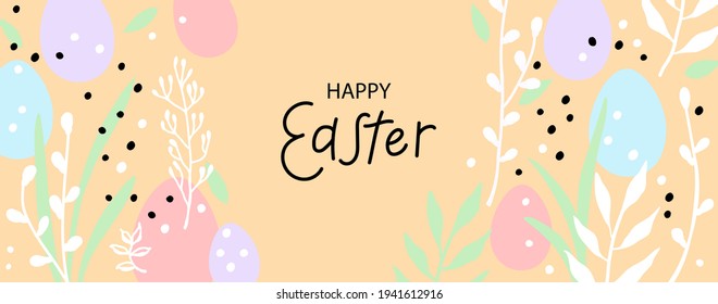 Happy Easter greeting card. Trendy design with typography, hand drawn easter eggs, twigs, leaves and dots in pastel colors. Modern flat minimal style. Horizontal poster, header or banner for website
