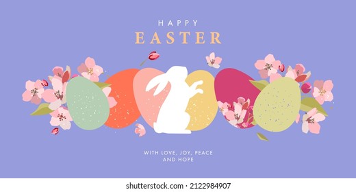 Happy Easter greeting card. Trendy Easter design with border made of eggs, bunny and spring flowers in pastel colors on light blue. Modern flat style. Horizontal poster, banner, header for website