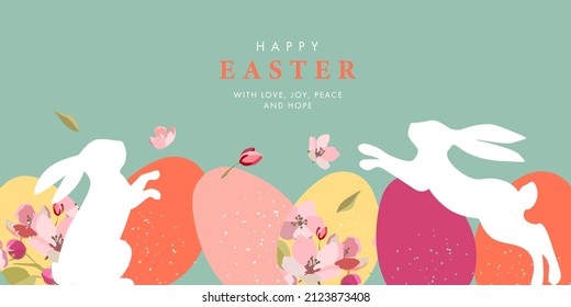 Happy Easter greeting card. Trendy Easter design with border made of eggs, bunny and spring flowers in pastel colors on soft green. Modern flat style. Horizontal poster, banner, header for website