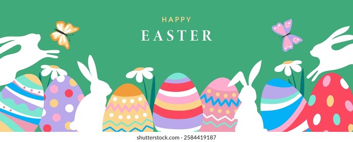 Happy Easter greeting card. Trendy easter design with easter eggs.flowers and bunnies. Horizontal poster, banner, header for website