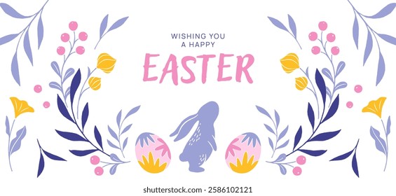 Happy Easter greeting card in trendy design with typography, decorative eggs, floral elements, and Easter bunny. Modern art style. Template for postcard, invitation, promo, ads poster