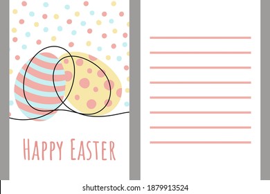 Feliz tarjeta de felicitación de Pascua. Dos lados. Lugar para deseos y firmas. Ilustración con huevos, arte lineal, puntos. Dibujado por las manos. Color rosa, amarillo y azul. Imagen vectorial.