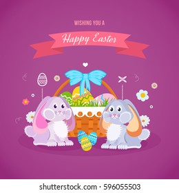 Happy easter greeting card. Two lovely festive rabbits, near the basket with Easter eggs. Vector illustration. Can be used in banners, invitation, postcards, poster.
