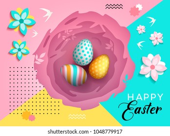 Happy Easter greeting card with typography design and paper cut shapes colorful, ornate eggs on modern geometric background. Vector illustration. Colorful 3D carving art  with floral elements. 