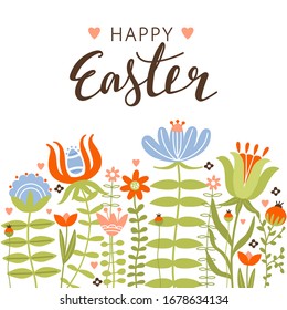 Happy Easter greeting card with various flowers and leaves. Floral composition with lettering. Vector illustration for card, invitation, poster, flyer etc.