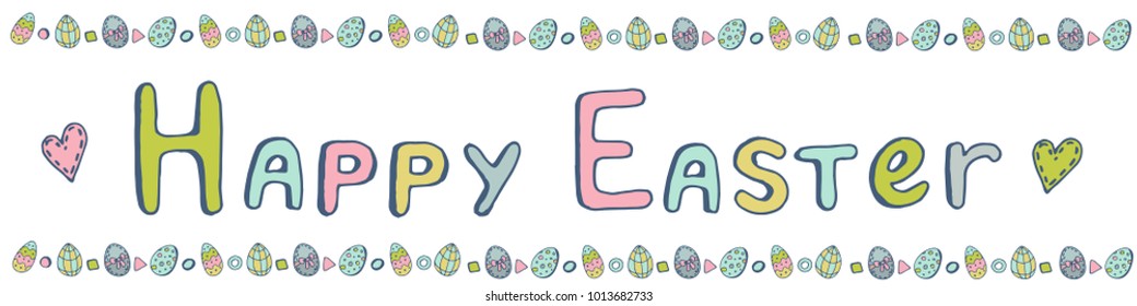 Happy Easter greeting card. Vector illustration with colorful eggs and rabbits. Hand written lettering. Isolated on white background.