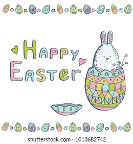 Happy Easter greeting card. Vector illustration with colorful eggs and rabbits. Hand written lettering. Isolated on white background.
