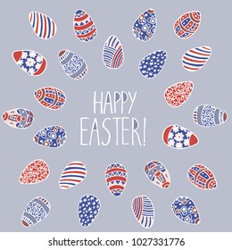 Happy easter greeting card vector illustration. A round frame of eggs with a wire for text. Grey, blue and red colors.