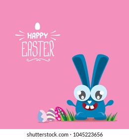 happy easter greeting card. Vector easter color eggs, funny bunny and hand drawn calligraphic text isolated on pink background. vector spring easter cartoon illustration