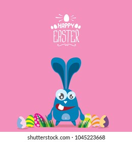 happy easter greeting card. Vector easter color eggs, funny bunny and hand drawn calligraphic text isolated on pink background. vector spring easter cartoon illustration