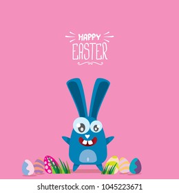 happy easter greeting card. Vector easter color eggs, funny bunny and hand drawn calligraphic text isolated on pink background. vector spring easter cartoon illustration