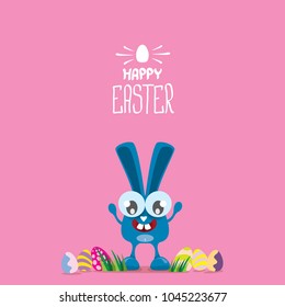 happy easter greeting card. Vector easter color eggs, funny bunny and hand drawn calligraphic text isolated on pink background. vector spring easter cartoon illustration