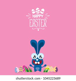 happy easter greeting card. Vector easter color eggs, funny bunny and hand drawn calligraphic text isolated on pink background. vector spring easter cartoon illustration