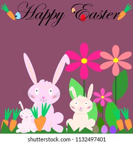 Happy Easter greeting card. Vector illustration. Easter bunnies and easter eggs.  Easter rabbit. Funny bunny. Mother rabbit with little rabbits.