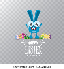 happy easter greeting card. Vector easter color eggs, funny bunny and hand drawn calligraphic text isolated on transparent background. vector spring easter cartoon illustration