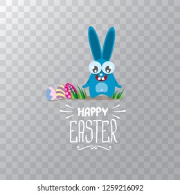 happy easter greeting card. Vector easter color eggs, funny bunny and hand drawn calligraphic text isolated on transparent background. vector spring easter cartoon illustration