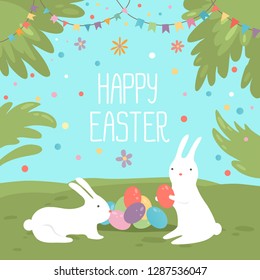 Happy Easter greeting card. Vector illustration with colorful flowers, eggs and rabbits. Isolated on sunny blue sky green landscape background.