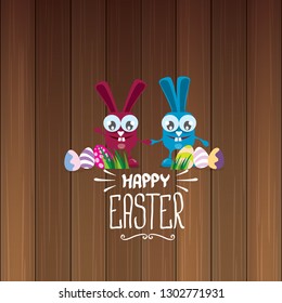 happy easter greeting card. Vector easter color eggs, funny bunny and hand drawn calligraphic text isolated on wooden background. vector spring easter cartoon illustration 