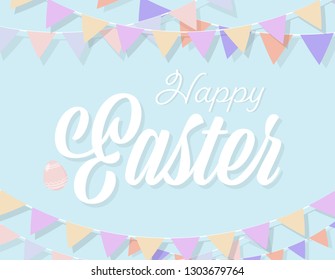 Happy Easter greeting card vector design with chick, bunny and  Easter Eggs concept , Animal wildlife holidays cartoon character, little cute rabbit in spring season and coppy space for text. 