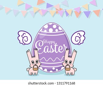 Happy Easter greeting card vector design with chick, bunny and Easter Eggs concept , Animal wildlife holidays cartoon character, little cute rabbit in spring season and coppy space for text. 