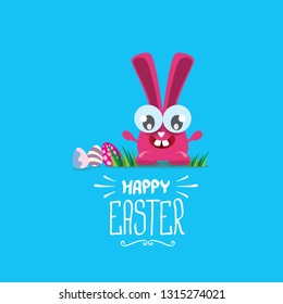 happy easter greeting card. Vector easter color eggs, funny bunny and hand drawn calligraphic text isolated on blue background. vector spring easter cartoon illustration