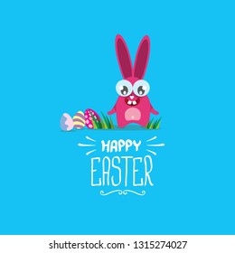 happy easter greeting card. Vector easter color eggs, funny bunny and hand drawn calligraphic text isolated on blue background. vector spring easter cartoon illustration