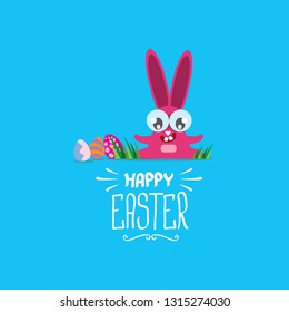 happy easter greeting card. Vector easter color eggs, funny bunny and hand drawn calligraphic text isolated on blue background. vector spring easter cartoon illustration