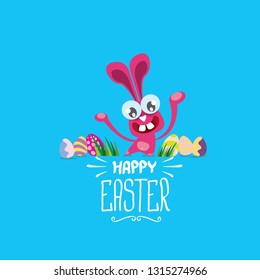happy easter greeting card. Vector easter color eggs, funny bunny and hand drawn calligraphic text isolated on blue background. vector spring easter cartoon illustration