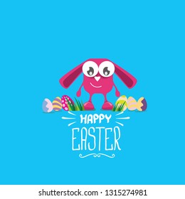 happy easter greeting card. Vector easter color eggs, funny bunny and hand drawn calligraphic text isolated on blue background. vector spring easter cartoon illustration