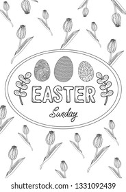 Happy Easter greeting card, vector hand drawn festive design.  doodle eggs.  vector illustration. Colorful hand drawn eggs background. 