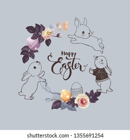 Happy Easter greeting card. Vector illustration with colorful wreath of flowers, eggs and rabbits. Hand written lettering. Isolated on turquoise background.