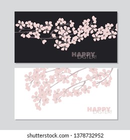 Happy Easter greeting card vector template set. Sakura flowers. Tree twigs, branches with cherry blooming. Pink blossom background and typography. Spring holiday banner, invitation floral print design