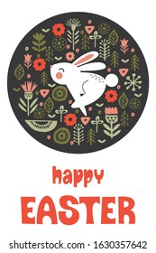 happy Easter. Greeting card, vector illustration. White rabbit in a circular pattern of spring flowers.