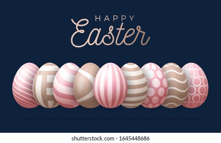 Happy easter greeting card vector illustration. A horizontal banner of dark with rose gold and golden textured eggs that stand in a row