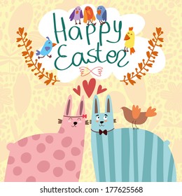 Happy Easter Greeting Card in vector. Funny rabbits and birds  in cute cartoon style