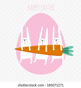 Happy easter greeting card. Vector illustration with cute rabbits and carrot.