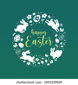 Happy Easter greeting card. Vector illustration with white silhouettes of bunnies, Easter eggs and flowers in the form of a circle. Isolated on green background