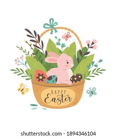 Happy Easter greeting card. Vector illustration of cute cartoon pink rabbit in the basket with Easter eggs and plants leaves. Isolated on white