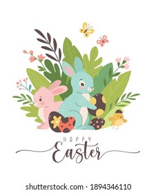 Happy Easter greeting card. Vector illustration of cute cartoon pink and blue bunnies with Easter eggs sitting among the plants. Isolated on white