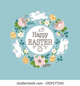 Happy Easter greeting card. Vector illustration of cute cartoon rabbits, Easter eggs and flowers wreath. Isolated on light blue background