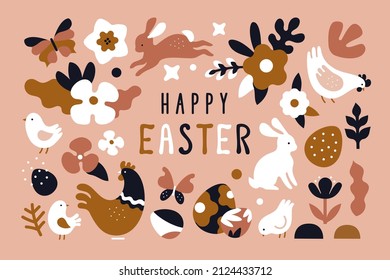 Happy Easter greeting card. Vector cartoon illustration in a modern flat style of rabbits, flowers, chicks, and Easter eggs creating trendy pattern
