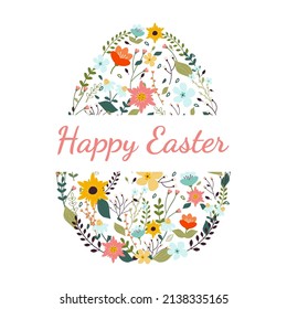 Happy Easter greeting card. Vector illustration of an Easter egg made of spring flowers with calligraphic inscription inside. Isolated on white background