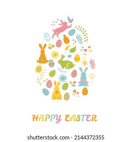 Happy Easter greeting card. Vector illustration of an Easter egg made of flowers, plants, Easter eggs and rabbits with calligraphic inscription inside. Isolated on white background