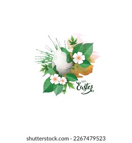 Happy Easter greeting card. Vector illustration of an Easter egg with a modern pattern of spring plants and an inscription, isolated on a white background