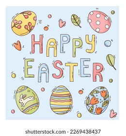 Happy Easter greeting card. Vector cute hand drawn elements. colorful artwork