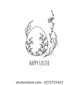Happy Easter greeting card. Vector illustration of an Easter egg with a modern pattern of spring plants and an inscription, isolated on a white background